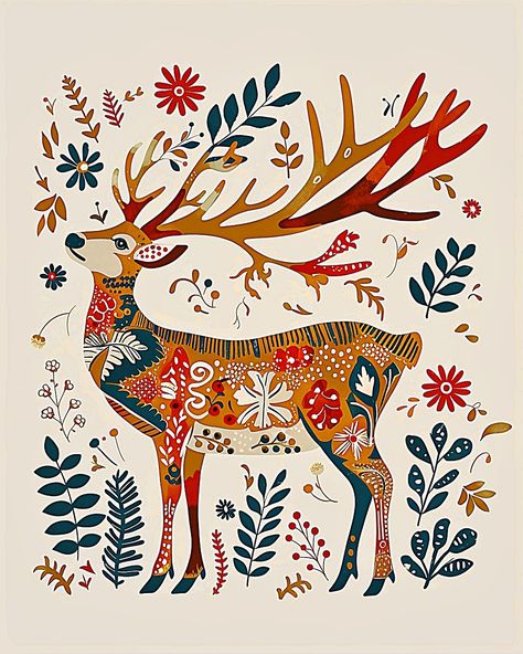 Download free HD stock image of Ai Generated Deer Merry Yule, Yule Images, Folk Pattern, Nordic Patterns, Nordic Folk Art, Scandinavian Christmas Print, Scandinavian Folk Art Animals, Nordic Animals Illustration, Folk Art Reindeer