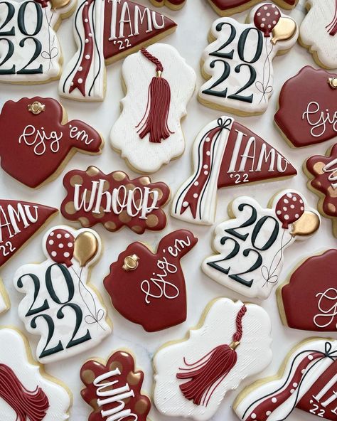 Aggie Graduation Party, Graduation Gown Cookies, Grad Cookies, Aggie Ring, Wild One Birthday Party, Graduation Cookies, Plaque Cookies, Themed Desserts, Sugar Cookie Designs