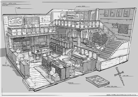 Background Feng Zhu Design Concept Art, Feng Zhu Design, Interior Concept Art, Feng Zhu, Isometric Map, Rpg Map, Building Concept, Isometric Art, Dungeon Maps