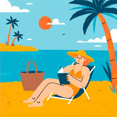 Hot Summer Illustration, Beach Chair Illustration, Woman In Beach, Reading Books Illustration, Summer Illustrations, Woman On Beach, Mami Wata, Ocean Illustration, Books Illustration