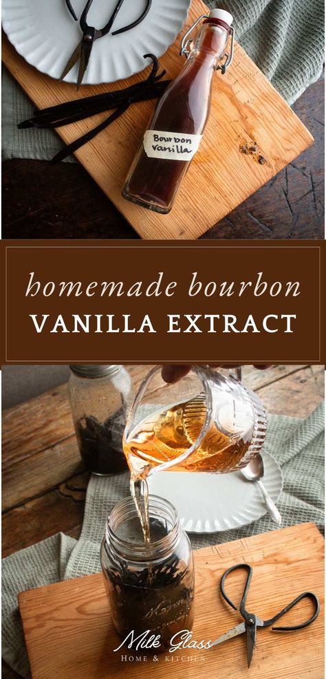 Have plenty of extract for holiday baking with this easy bourbon vanilla extract recipe! Start early. This recipe's secret ingredient is time. Vanilla Bean Extract Recipe, Bourbon Vanilla Extract, Vanilla Diy, How To Make Bourbon, Homemade Extracts, Homemade Bourbon, Homemade Coffee Syrup, Diy Extracts, Make Vanilla Extract