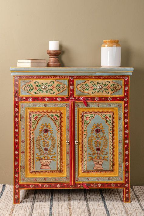 Sofa Colour, Side Boards, Bedside Furniture, Painted Cabinet, Wooden Cabinet, Indian Furniture, Bedside Storage, Cabinet Storage, Hand Painted Furniture