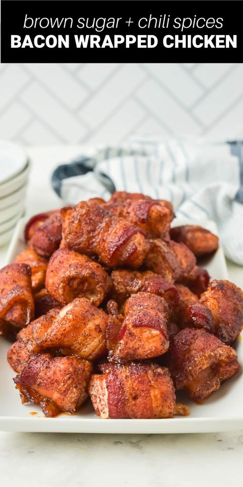 Chicken Turkey Bacon Recipes, Bacon Wrapped Chicken Medallions, Bacon Chicken Appetizers, Bacon Wrapped Duck Bites, Cheddar Bacon Chicken Bites, Bacon Wrapped Chicken Nuggets, Chicken Bacon Ranch Appetizer, Bacon Wrapped Chicken With Brown Sugar, Chicken Bacon Bites Brown Sugar