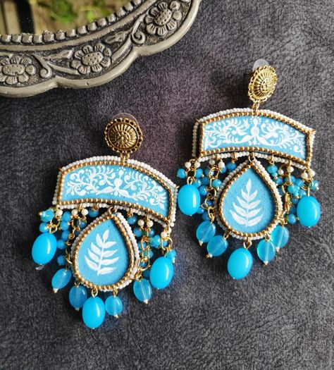 Hand painted earrings Hand Painted Earrings Handmade, Diy Indian Earrings, Sky Blue Earrings, Handmade Earings, Hand Painted Jewellery, Terracotta Jewellery Designs, Diy Earrings Easy, Diy Jewellery Designs, Hand Painted Necklace