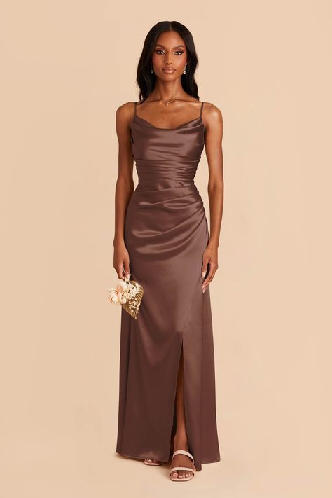 Brown Bridesmaid Dresses Fall, Chocolate Brown Bridesmaid Dress, Cowl Neck Bridesmaid Dress, Brown Bridesmaid Dresses, Mauve Bridesmaid, Mauve Bridesmaid Dress, Bridesmaid Dresses Floor Length, Neutral Bridesmaid Dresses, Fall Bridesmaids