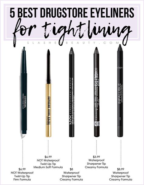 5 Best Drugstore Eyeliners for Tightlining | Slashed Beauty Best Cheap Eyeliner, Best Eyeliner Drugstore, Best Eyeliner For Brown Eyes, Tight Line Eyeliner, Tightlining Eyeliner, Best Eyeliner For Tightlining, Best Pencil Eyeliner, Best Eyeliner For Waterline, Best Eye Pencil