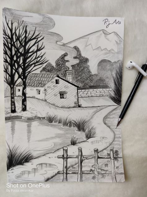 Graphite Pencil Drawings, Diy Canvas Art Easy, Cute Easy Paintings, Landscape Pencil Drawings, Perspective Drawing Architecture, Nature Art Drawings, Realistic Drawing, Nature Sketch, Calligraphy Art Print