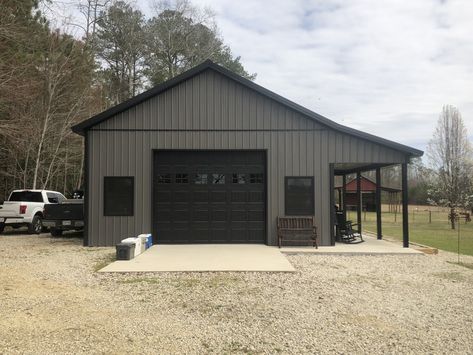 This building is as pretty as they come. The dimensions are 26’x44’x12’, and features include a 6/12 pitch roof, an 8’x28’ lean-to, and a 36” cupola. The colors are Charcoal and Black. Luxurious Garage, Pole Building Garage, Pole Barn Shop, Metal Pole Barns, Pole Barn Designs, Metal Garage Buildings, Metal Shop Building, Pole Barn Garage, Steel Building Homes