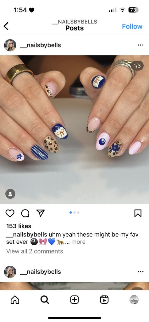 Navy Leopard Print Nails, Nail Designs With Navy Blue, Blue And Cheetah Nails, Blue And Leopard Nails, Pink Cheetah Nail Designs, Mismatched Nail Designs, New York Aesthetic Nails, Cop Nails, Patch Work Nails