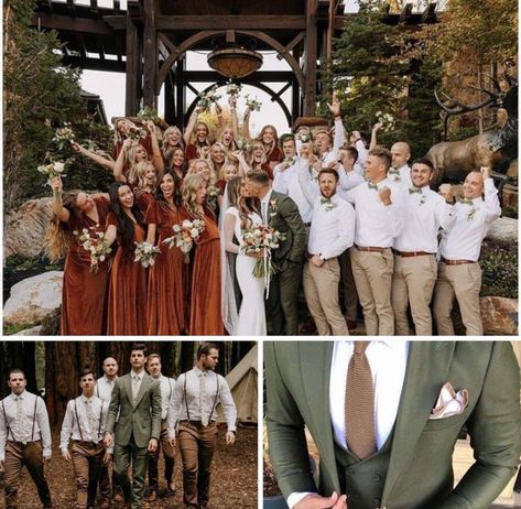 Groomsmen Attire Fall Wedding Color Combos, September Wedding Mens Attire, Sage And Cinnamon Wedding, Cinnamon And Sage Wedding Colors, Safe And Burnt Orange Wedding, Earth Tone Wedding Groom, Fall Wedding Colors Men, Wedding Party Clothing Ideas, Fall Wedding Bridal Party Groomsmen