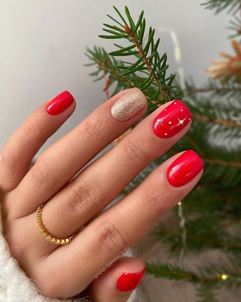 Short Red Nails Design Christmas, Small Nails Design Christmas, Christmas Red Nails Short, Very Short Nails Christmas, Christmas Manicures For Short Nails, Red Winter Nails Short, Red Christmas Gel Nails Short, Christmas Nails Short Red And Gold, Red Holiday Nails Short