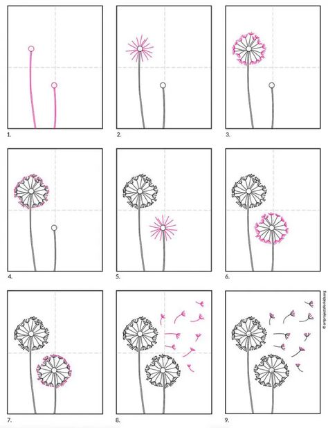 Dandilion Art, Draw Dandelion, Dandelion Tutorial, Draw A Dandelion, Elementary Art Lesson Plans, Dandelion Drawing, Spring Drawing, Tree Drawings Pencil, Dandelion Art