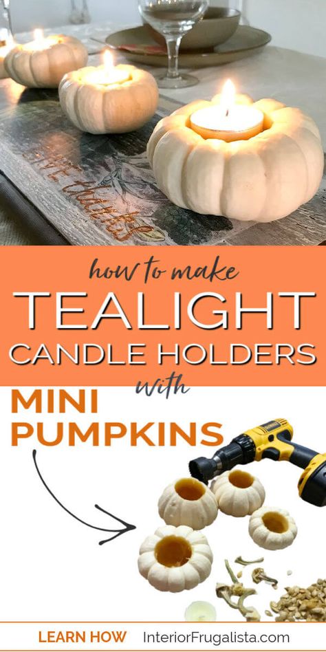 Mini Pumpkin Candles, Pumpkin Activity, Pumpkin Learning, Tea Light Crafts, Tableware Ideas, Pumpkin Stems, Pumpkin Table Decorations, Pumpkin Tea Lights, Thanksgiving Decorating