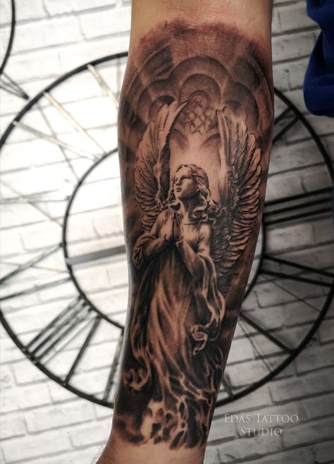 Angel Statue Tattoo Men, Men’s Side Calf Tattoos, Memorial Sleeve Tattoo For Men, Angel Forearm Tattoo Men, Angel Tattoo Men Arm, Praying Angel Tattoo, Heaven And Hell Tattoo, Upper Half Sleeve Tattoos For Guys, Arch Angel Michael Tattoo