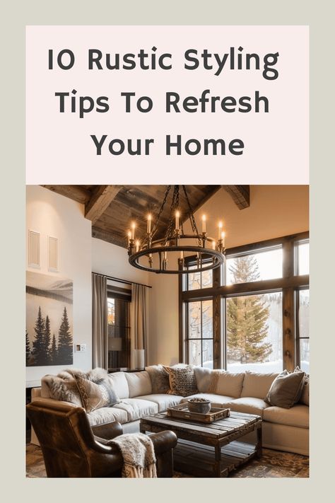 10 rustic styling tips for your home featuring a cozy living room with a wooden ceiling, modern chandelier, and large windows. Rustic Family Room, Cozy Textiles, Rustic Home Decor Ideas, Stone Fireplace Surround, Tan Walls, Outdoors Inside, Wallpaper Walls Decor, Refresh Your Home, Living Room Windows