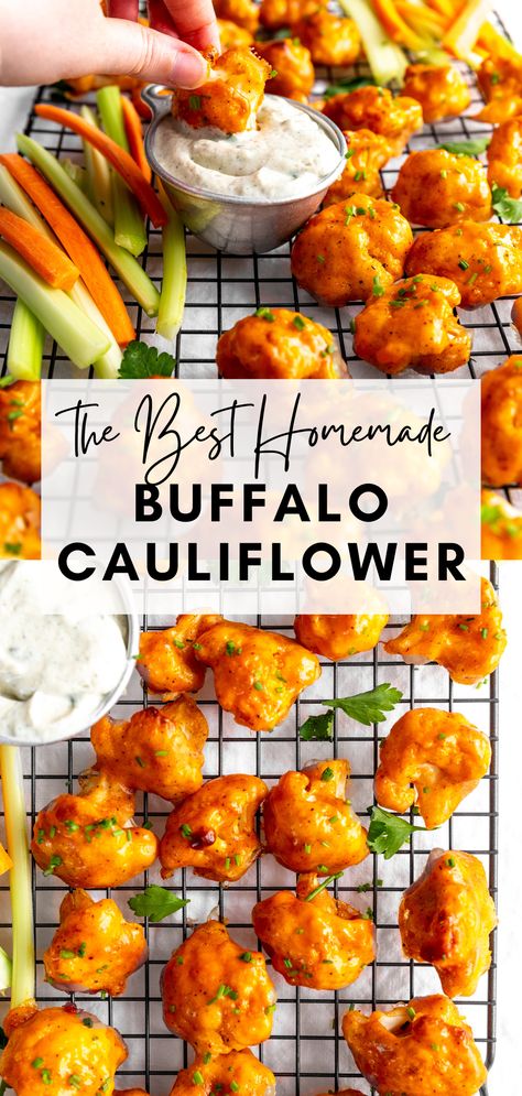 Tender, crispy cauliflower florets breaded to perfection and brushed with tangy buffalo sauce. The perfect game day snack! #buffalocauliflower #cauliflowerrecipe #veganrecipe #veganappetizer #gameday Buffalo Cauliflower Oven, Buffalo Cauliflower Baked, Cauliflower Buffalo Bites, Crispy Buffalo Cauliflower, Buffalo Cauliflower Recipes, Baked Buffalo Cauliflower, Vegan Buffalo Cauliflower, Food Planning, Vegan Appetizers Recipes