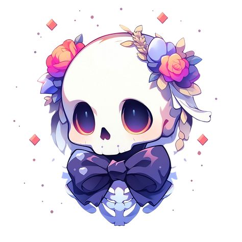 Cute Kawaii Halloween Skeleton Girl in Pink and Purple Pastel Sticker. Kawaii Halloween Stickers, Chibi Stickers, Pastel Skull, Skeleton Girl, Studio Ghibli Fanart, Cute Skeleton, Purple Pastel, Spooky Tattoos, Horror Decor