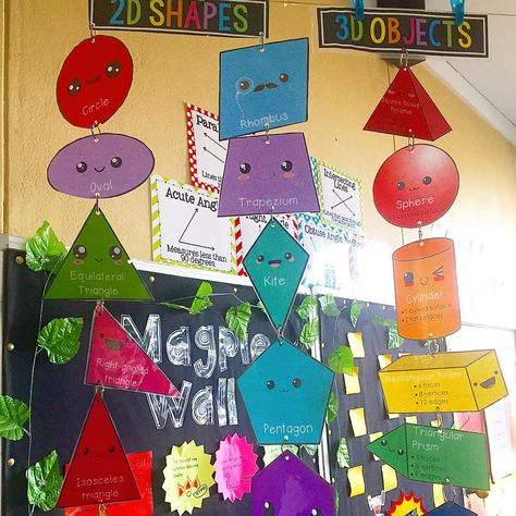 Miss T on Instagram: “2D shapes and 3D objects display with kawaii faces of course 😋....note to self- do not get students to help cut out displays....aaargh the…” Math Day Decoration Ideas, 2d Shapes Project For Kids, 2d And 3d Shapes Project, 3d Shapes Project Ideas, 3 D Shapes Activities, Maths Board Decoration Ideas, Math Decorations, Mathematical Shapes, Healthy Food Art