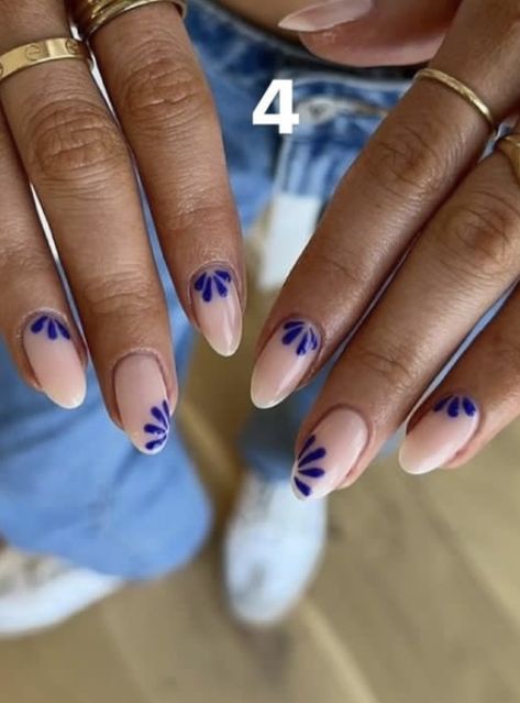 Sea Side Nails, Blue Mamma Mia Nails, Blue Flower Almond Nails, Europe Nails Travel Summer, Blue Mediterranean Nails, France Inspired Nails, French Tip Nails With Blue Design, Coastal Summer Nails, Nail Art Ete 2020