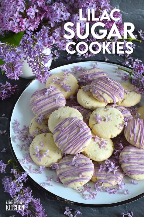 The uncomplicated and delicious sugar cookie gets a fresh, new flavour profile, and an upgrade in this Lilac Sugar Cookies recipe. A classic sugar cookie base is baked with lilac infused sugar, lilac syrup, and lilac petals.  Topped with a simple glaze and sprinkled with more lilac flowers, these cookies are a great early summer treat! #lilac #sugar #cookies #baking #flowers #petals #syrup Lilac Sugar Cookies, Sabbat Recipes, Lilac Recipes, Lilac Syrup, Lilac Sugar, Lavender Ideas, Infused Sugar, Turkey Breakfast, Cookie Base