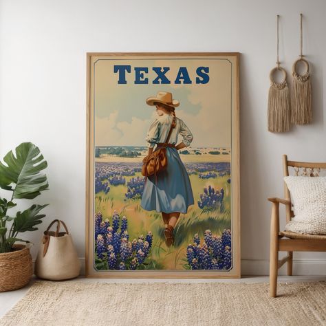 This beautiful print captures a lone cowgirl gazing out over a breathtaking field of bluebonnets, Texas' beloved state flower. The poster's soft, warm color palette and retro design evoke a sense of nostalgia for the golden age of travel.  Perfect for Texas natives, travel enthusiasts, or anyone who appreciates vintage Americana, this poster makes a striking addition to any home, office, or cabin decor.  Printed on premium matte museum-grade paper (175gsm fine art paper) using top-tier pigmented Texas Art Print, Texas Style Home Decor, Texas Room Decor, Texas House Decor, Rodeo Lifestyle, Texas Bedroom, Texas Style Homes, Bluebonnets Texas, Texas Artwork