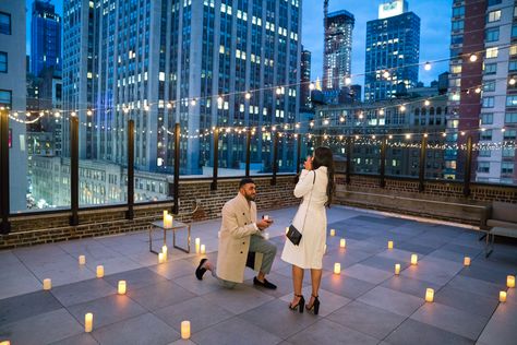 Proposal on a rooftop in New York Rooftop Proposal, Wedding Proposal Ideas, Event Planning Proposal, Winter Proposal, Proposal Candles, Proposal Pictures, Best Wedding Proposals, Event Planning Tips, Romantic Proposal