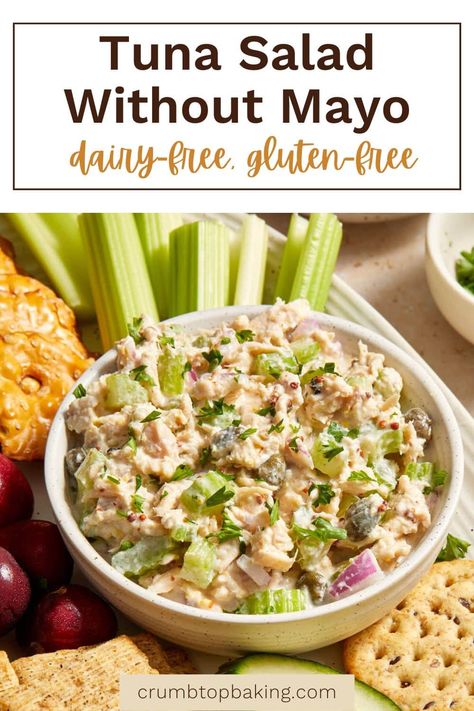 You'll love this creamy, dairy-free tuna salad without mayo or yogurt! It's tangy, delicious and loaded with crunchy celery and red onion. Dairy Free Tuna Salad, Tuna Salad Without Mayo, Tuna Salad No Mayo, Tuna Salad Recipe Healthy, Tuna And Egg, Healthy Food Habits, Healthy Food Menu, Tuna Salad Recipe, Lost 100 Pounds