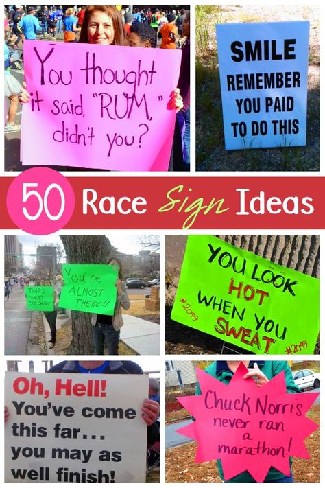 50 plus ideas for race signs from funny to motivational - marathon race signs for the best spectators! Marathon Spectator Signs, Funny Signs For Marathon Runners, Race Motivation Quotes Running, Encouraging Signs For Runners, Ironman Signs Funny, Half Marathon Quotes Funny, Running Posters Funny Marathon Signs, Signs For Marathon Runners, Best Marathon Signs