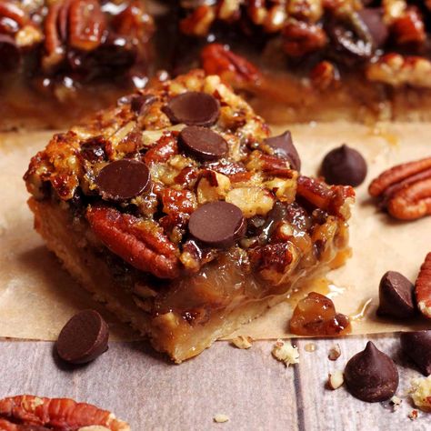 Chocolate Pecan Pie Bars Chocolate Pecan Pie Bars Recipe, Chocolate Chip Pecan Bars, Chocolate Pecan Bars Recipe, Chocolate Chip Pecan Pie Bars, Sliced Desserts, German Chocolate Pecan Pie Bars, December Desserts, Chocolate Pecan Bars, Scientifically Sweet