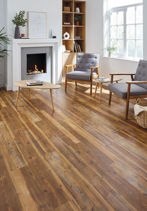 Vintage Pine rigid core flooring shown in a transitional living area adorned with midcentury modern furniture and modern fireplace; followed by a close-up angled image of the flooring. Vinyl Plank Flooring Colors, Pine Wood Flooring, Composite Flooring, Lvp Flooring, Oak Wood Floors, Lvt Flooring, Flooring Trends, Hardwood Tile, Traditional Rustic