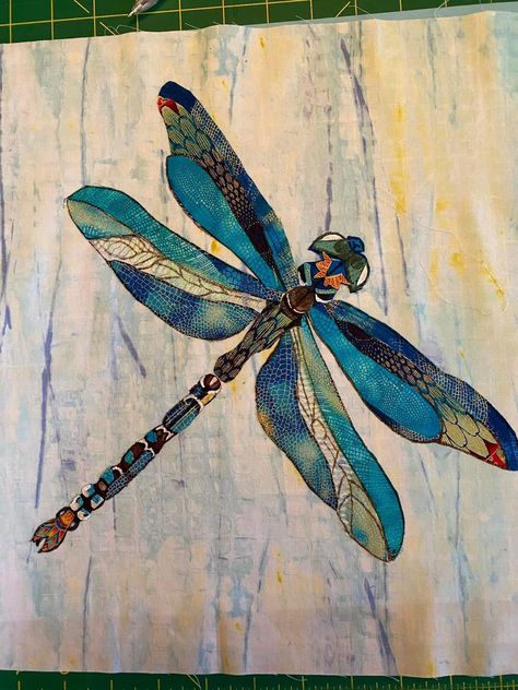 Fabric Collage Patterns. | An update on my dragonfly Dragonfly Quilts Ideas, Dragonfly Applique Pattern, Fabric Collage Patterns, Dragonfly Collage, Fabric Dragonfly, Appliqué Pillows, Dragonfly Applique, Paint Carving, Dragonfly Quilt