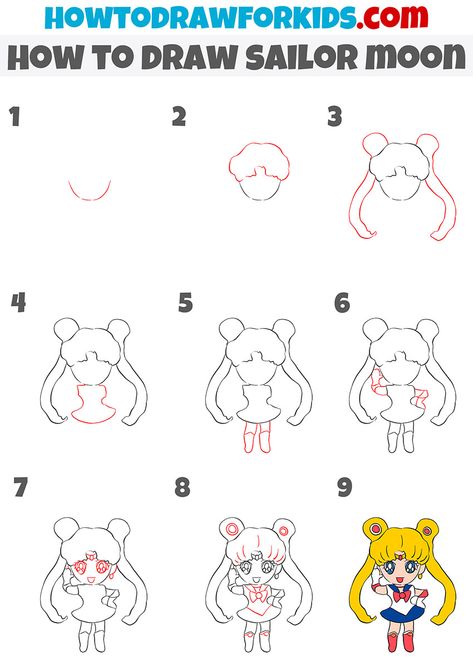 how to draw sailor moon step by step How To Draw Sailor Moon, Sailor Moon Drawing Sketches, Sailor Moon Tutorial, Moon Face Drawing, Sailor Moon Doodles, Easy Cartoon Drawings Step By Step, Sailor Moon Sketch, Draw Sailor Moon, Sailor Moon Drawing