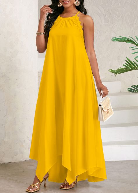 Tie Knot Dress, Yellow Dress Casual, Latest Dress For Women, Flowy Design, Round Neck Dress, Knot Dress, Maxi Dress Pattern, Bow Back, Round Neck Dresses