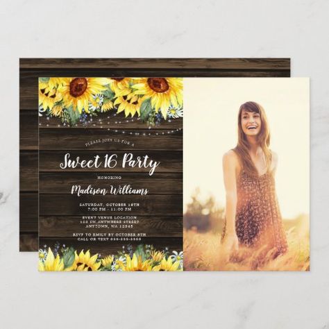 Rustic Sunflower Floral Lights Sweet 16 Photo #sunflowersweet16 #rusticsweetsixteen #westernbirthdayparty #countrythemed #stringlights #yellowandbluewatercolorflowers #farmstyle #barnwood #uniquesweet16 #sweet16photo Sunflower Sweet 16, Floral Lights, Sweet 16 Photo, Country Themed Parties, Sweet 16 Photos, Western Birthday Party, Chalkboard Invitation, Western Birthday, 16th Birthday Invitations