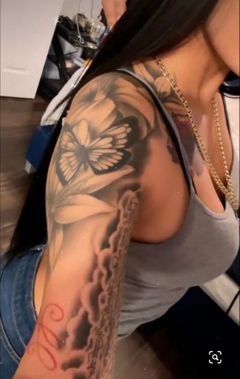 Big Flower Tattoos Sleeve, Custom Sleeve Tattoo Design, Half Sleeve Black Women Tattoo, Feminine Arm Sleeve Tattoos, Pretty Tattoos For Women Shoulder, Shoulder And Neck Tattoo, Tattoos On Arm For Women, Khiamonique Tattoo, Shaded Tattoos Women