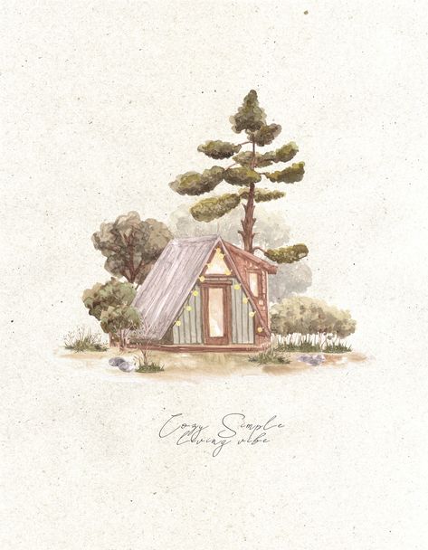 Cozy Cabin Aframe house on the edge of the forest,  watercolor illustration by Createssy. Beige neutrals colors Cozy Watercolor Illustration, Log Cabin Watercolor, Wood Cabin Illustration, Cabin In Woods Drawing, Cozy Cabin Illustration, Watercolor Cabin In The Woods, Cabin Watercolor Painting, Cozy Watercolor Painting, Cabin In The Woods Drawing