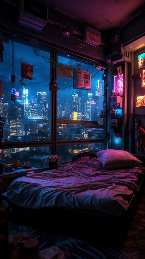 Dark Room, City Lights, Cyberpunk, Bedroom, Bed, Design