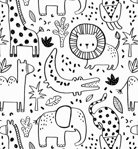 Jungle Doodles To Draw, Safari Line Art, Safari Doodles, Jungle Doodle, Prints For Fabrics, Kids Pattern Design, Kids Fabric Prints, Line Drawing Pattern, Jungle Drawing