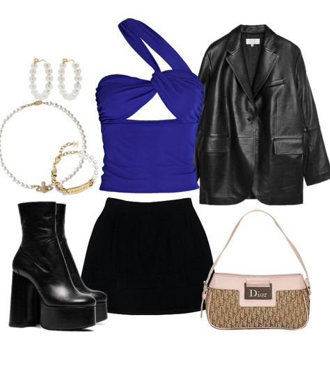 Leather Skirt Outfit Night, Mini Leather Skirt Outfit, Billie Eilish Concert Outfit, Rockstar Aesthetic Outfits, Mini Leather Skirt, Leather Skirt Outfit, Barbie Dress Fashion, Blue Fits, Fancy Outfits