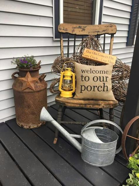 Old Chair Front Porch Decor, Antique Chair Decor, Primitive Outdoor Decorating, Rustic Chair Decor, How To Decorate A Dresser, Deck Styling, Small Porch Decorating, Dream Porch, Backyard Ducks