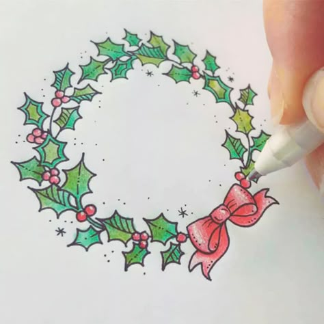 Christmas Wreath Drawing, Christmas Pictures To Draw, Home Made Christmas Decorations, Johanna Basford Christmas, Easy Christmas Drawings, Home Made Christmas, Art Ideas Easy, Colored Pencil Drawing Ideas, Best Drawing Ideas