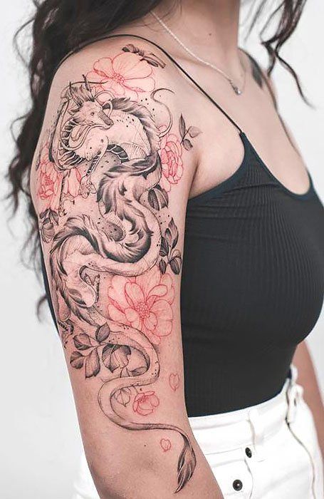 20 Fierce Dragon Tattoo Designs for Women in 2020 - The Trend Spotter Tato Irezumi, Bodysuit Tattoos, Dragons Tattoo, Dragon Sleeve, Tattoo Japanese, Chinese Dragon Tattoos, Tattoo Dragon, Japanese Dragon Tattoo, Dragon Sleeve Tattoos