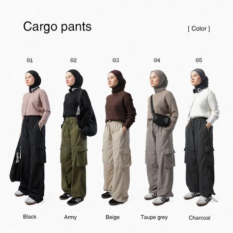 Clothing Brand Photo Shoots, Pants Hijab Outfit, Ootd Cargo Pants Hijab, Cargo Pants Outfit Hijab, Clothing Brand Instagram Layout, Catalog Photoshoot, Muslimah Fashion Casual, Stylish Outfits Casual, Mix Match Outfits