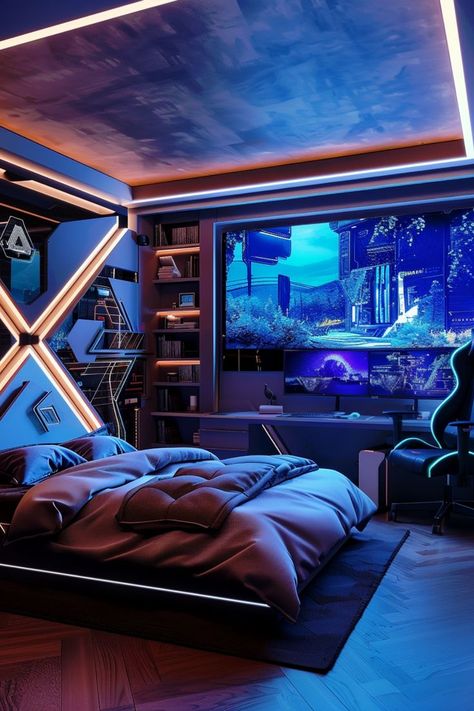 gaming futuristic bedroom with big screens Futuristic Bedroom Design, Futuristic Bedroom Ideas, Futuristic Rooms, Cyberpunk Bedroom, Gaming Bedroom Ideas, Futuristic Room, Futuristic Bedroom, Gaming Bedroom, Amazing Bedroom Designs