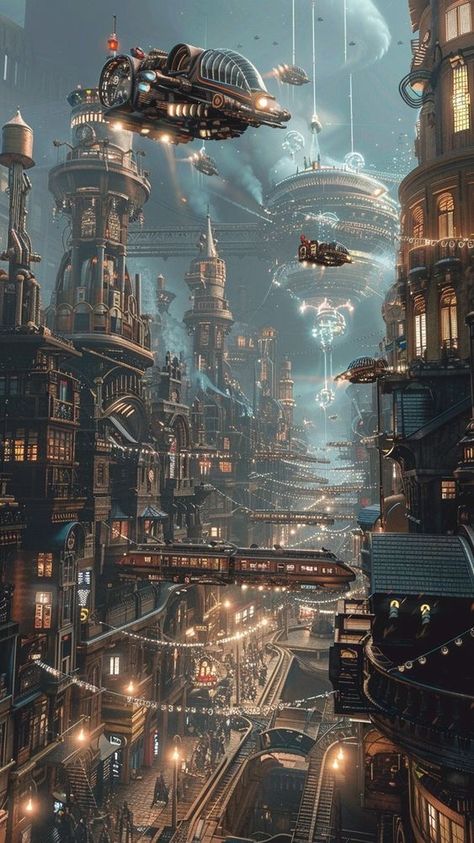 Steampunk Futuristic City, Fantasy Space City, Industrial City Aesthetic, Futuristic Steampunk Aesthetic, Steampunk Fantasy World, Steampunk City Aesthetic, Fantasy Futuristic City, Steampunk World Building, Steampunk Fantasy City