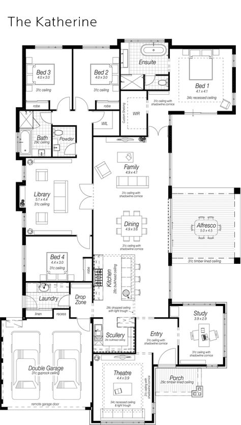 Like the concept of the kitchen being open to family areas, but having the "scullery" room more enclosed for messier activities. Saw a chef's home recently here in the states, and she did the same thing. Had sinks in both areas, but the big sink and dishwashers were in the scullery/pantry. Don't like seeing the bar stools from the entry. Cross Ventilation House Plans, Mudroom Layout Floor Plans, Widen Doorway, 4 Bedroom House Plans Open Floor, Bedrooms Layout, Library Addition, Arched Opening, Screened Patio, Cross Ventilation