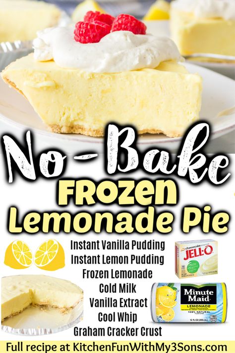 Frozen Lemonade Pie is a yummy no-bake dessert that takes just 10 minutes to prep. It combines frozen lemonade with creamy pudding and Cool Whip on a graham cracker crust. #Dessert #Recipes Frozen Lemonade Dessert, Bbq Side Desserts, Frozen Lemonade Pie Recipe, Summer Crisp Dessert, Lemonade Cheesecake No Bake, No Bake Desserts Lemon, Lemon Cool Whip Pie, No Bake Lemonade Pie, Frozen Lemon Pie