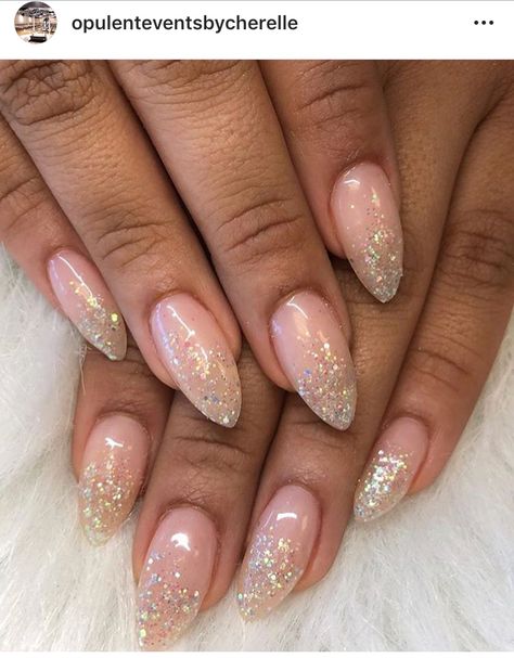 Gold Sparkle Nail Designs, Gold Glitter Ombre, Wedding Nail Art Design Classy, Ombre Glitter Almond Nails, Gold Glitter Gradient Nails, Sparkly Ombre Nails Almond, Gold Ombre Nails Almond, Rose Gold Glitter French Tip Nails, New Years Nails Oval Shape