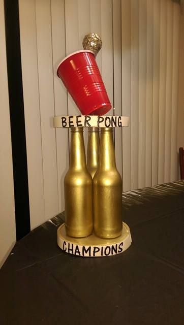 Made my own Beer Pong Trophy. Inspired by another pintrest image. Happy how it turned out and my friends love it. Beer Pong Trophy, 25 Birthday Decorations, 21 Party, Beer Olympic, Trash Party, 21st Bday Ideas, Drinking Games For Parties, Fun Drinking Games, Fest Temaer