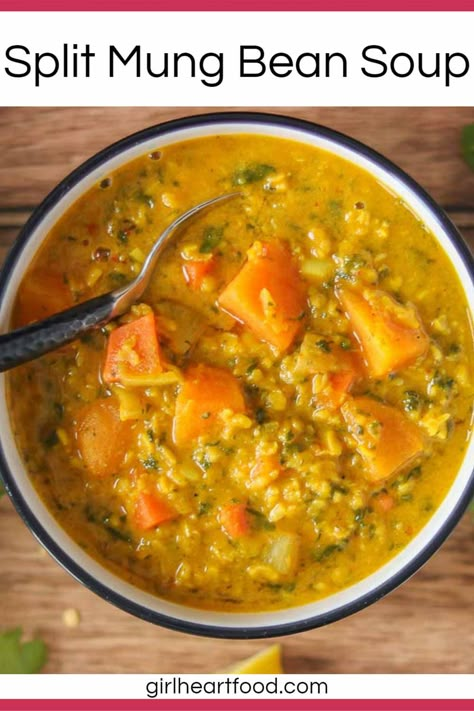 This split mung bean soup with coconut milk is jam-packed with flavour from a rich curry coconut base, veggies and hearty yellow mung beans. So delicious on a cold day! #splitmungbeans #mungbeansoup #splitmungbeansoup #yellowmungbeansoup #moongbeansoup #mungbeansoupwithcoconutmilk Yellow Beans Recipe Dinners, Mungo Beans Recipes, Split Mung Bean Recipes, Ayurveda Meals, Mung Bean Recipes, Indian Beans Recipe, Mung Bean Soup, Ayurvedic Practices, Cheap Easy Recipes